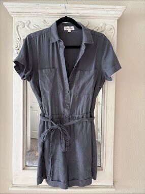 Slate Gray Button-Front Short Sleeve Romper